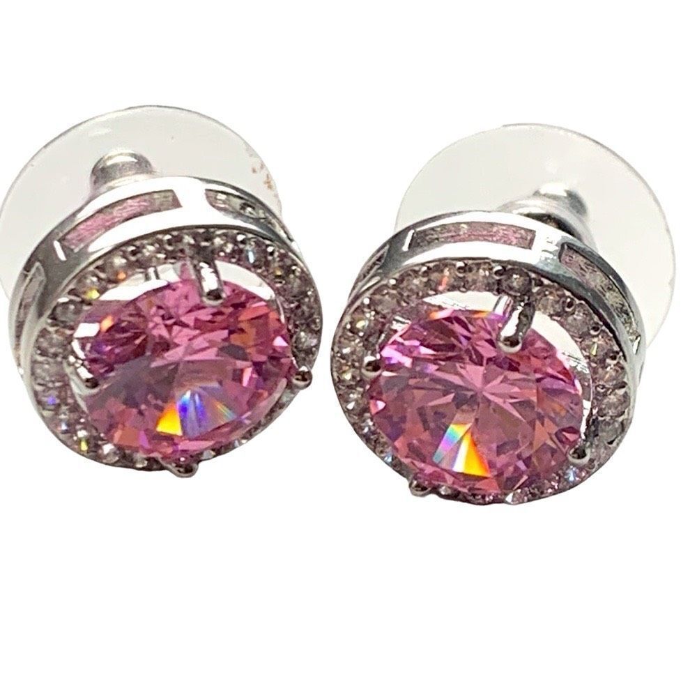 Big Bold Pink Power Crystal Round Studs with CZ Halo, Luxury Designer Style Gift